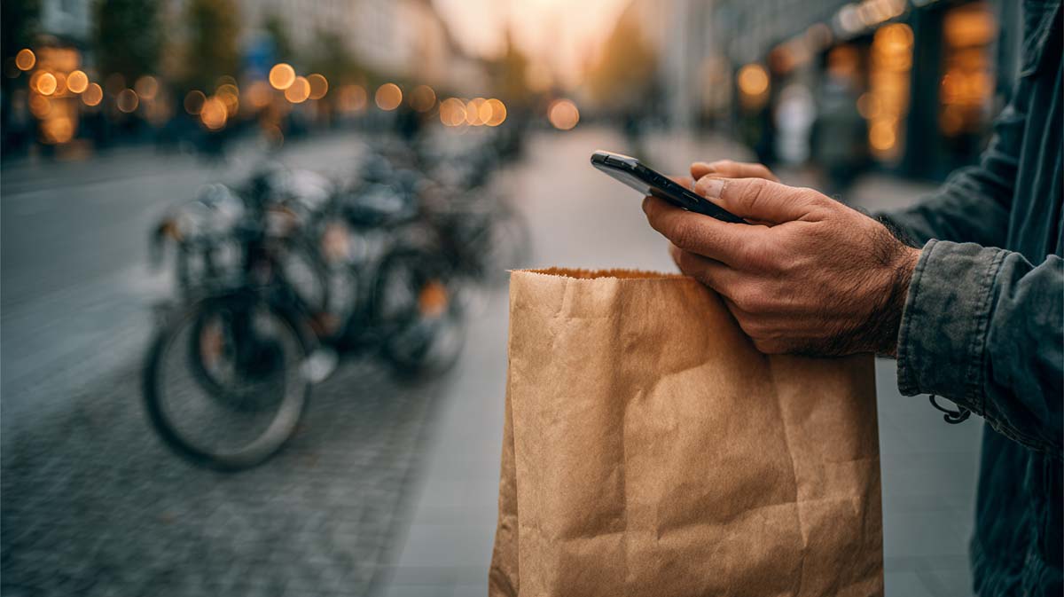 Übergabe einer Papiertüte im Geschäft