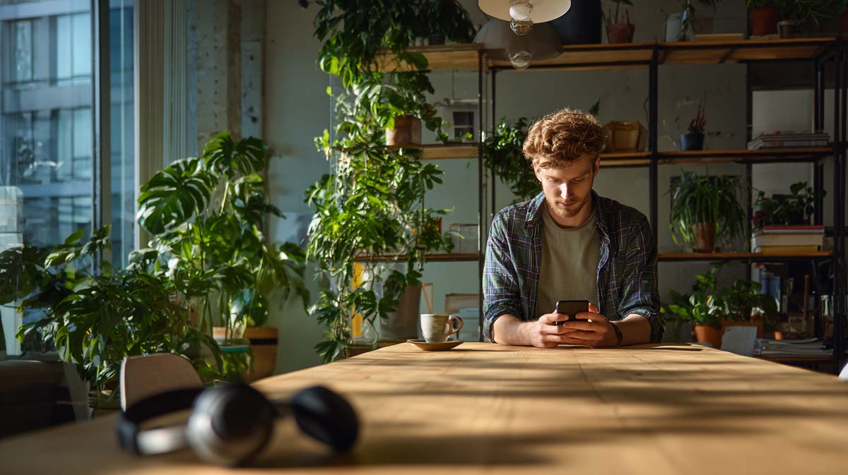 Mann arbeitet mit Laptop und Smartphone in einem Café