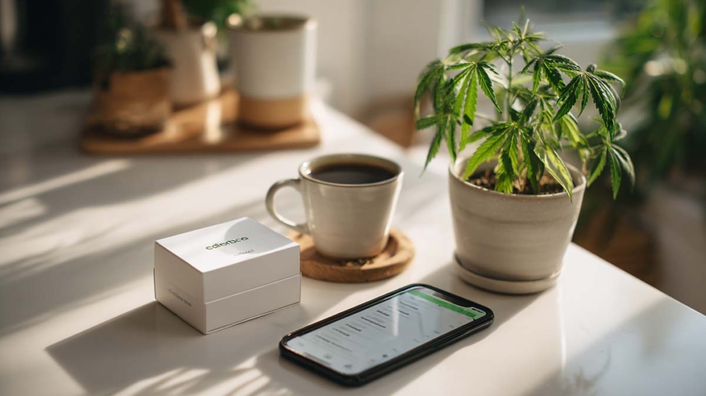 CBD-Produkte neben einem Tablet und Cannabis-Pflanze im Hintergrund